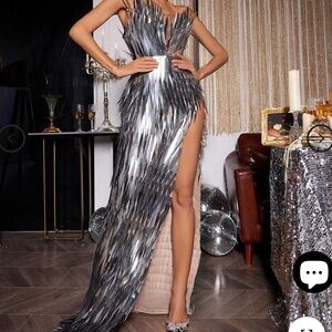Metal feather dress in silver